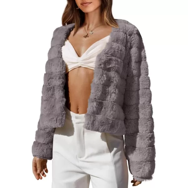 BTFBM Womens Faux Fur Cropped Jacket 2024 Fall Winter Fashion Soft Long Sleeve Open Front Fluffy Short Coat OuterwearSolid Light Grey