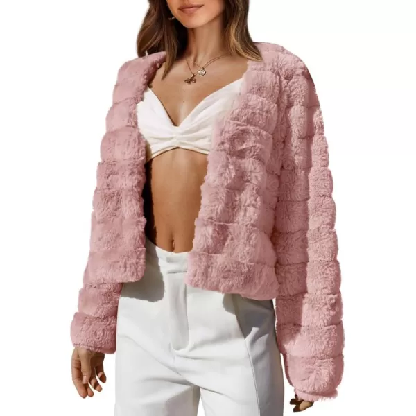 BTFBM Womens Faux Fur Cropped Jacket 2024 Fall Winter Fashion Soft Long Sleeve Open Front Fluffy Short Coat OuterwearSolid Pink