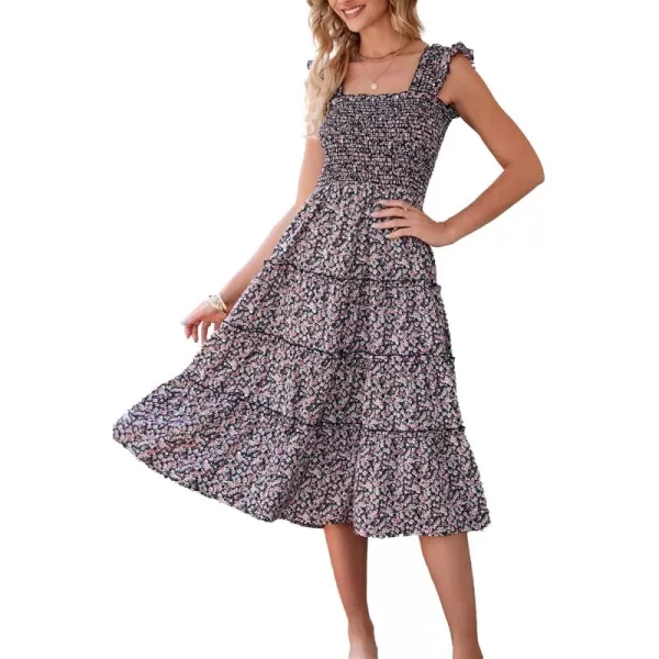 BTFBM Womens Summer Boho Smocked Beach Dresses Sleeveless Shoulder Strap Floral Flowy Tiered Party Midi Casual SundressFloral Black