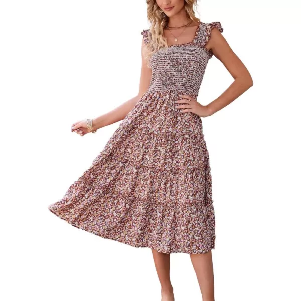 BTFBM Womens Summer Boho Smocked Beach Dresses Sleeveless Shoulder Strap Floral Flowy Tiered Party Midi Casual SundressFloral Brown