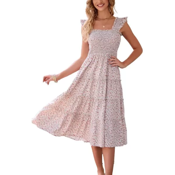 BTFBM Womens Summer Boho Smocked Beach Dresses Sleeveless Shoulder Strap Floral Flowy Tiered Party Midi Casual SundressFloral White