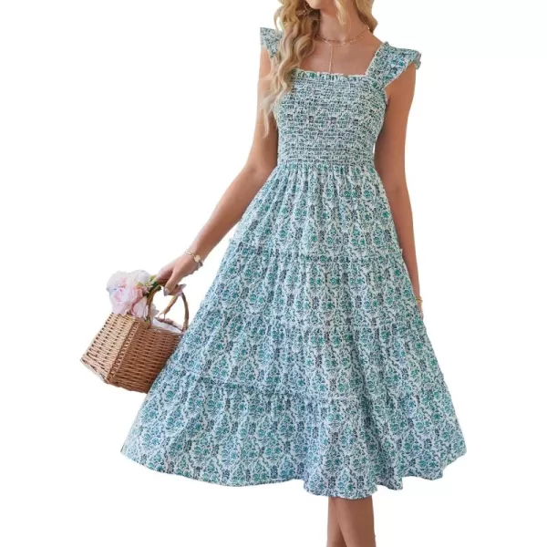 BTFBM Womens Summer Boho Smocked Beach Dresses Sleeveless Shoulder Strap Floral Flowy Tiered Party Midi Casual SundressPrint Dark Green