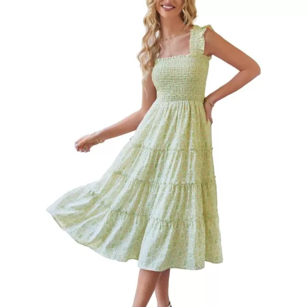 BTFBM Womens Summer Boho Smocked Beach Dresses Sleeveless Shoulder Strap Floral Flowy Tiered Party Midi Casual SundressPrint Grass Green
