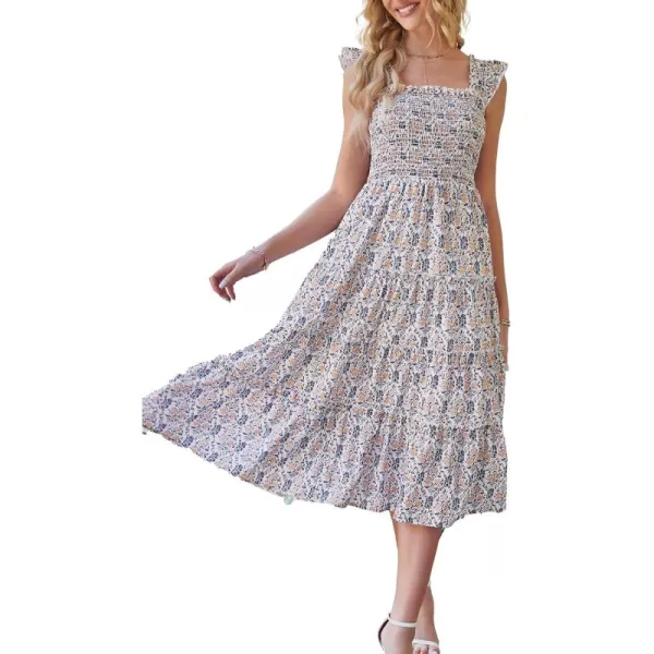 BTFBM Womens Summer Boho Smocked Beach Dresses Sleeveless Shoulder Strap Floral Flowy Tiered Party Midi Casual SundressPrint Purple