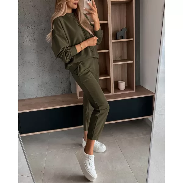 BTFBM 2024 Women 2 Piece Outfits Long Sleeve Pullover Jogger Pants Lounge Sets Fall Winter Sweatsuits Tracksuit PocketsSolid Army Green