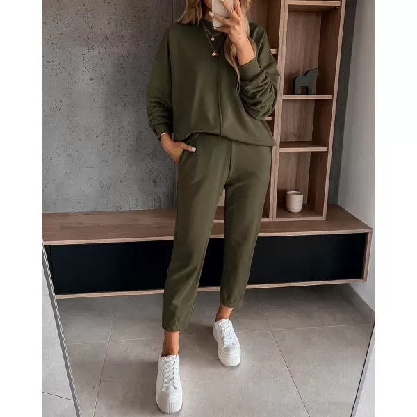 BTFBM 2024 Women 2 Piece Outfits Long Sleeve Pullover Jogger Pants Lounge Sets Fall Winter Sweatsuits Tracksuit PocketsSolid Army Green