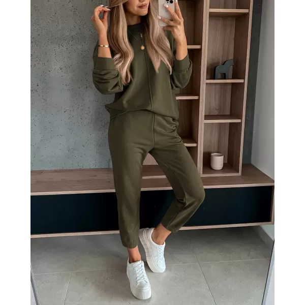 BTFBM 2024 Women 2 Piece Outfits Long Sleeve Pullover Jogger Pants Lounge Sets Fall Winter Sweatsuits Tracksuit PocketsSolid Army Green