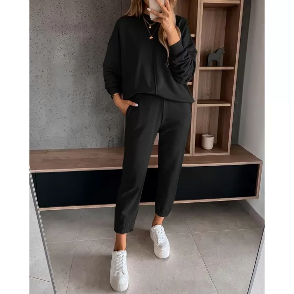 BTFBM 2024 Women 2 Piece Outfits Long Sleeve Pullover Jogger Pants Lounge Sets Fall Winter Sweatsuits Tracksuit PocketsSolid Black