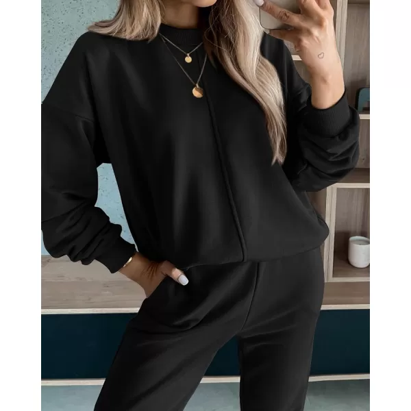 BTFBM 2024 Women 2 Piece Outfits Long Sleeve Pullover Jogger Pants Lounge Sets Fall Winter Sweatsuits Tracksuit PocketsSolid Black