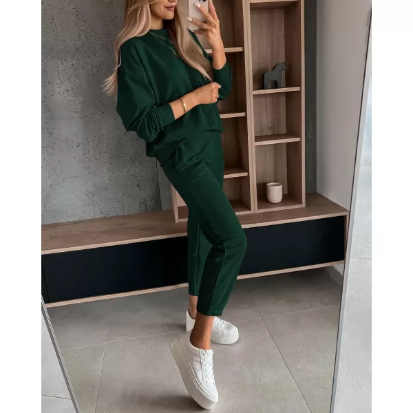 BTFBM 2024 Women 2 Piece Outfits Long Sleeve Pullover Jogger Pants Lounge Sets Fall Winter Sweatsuits Tracksuit PocketsSolid Dark Green