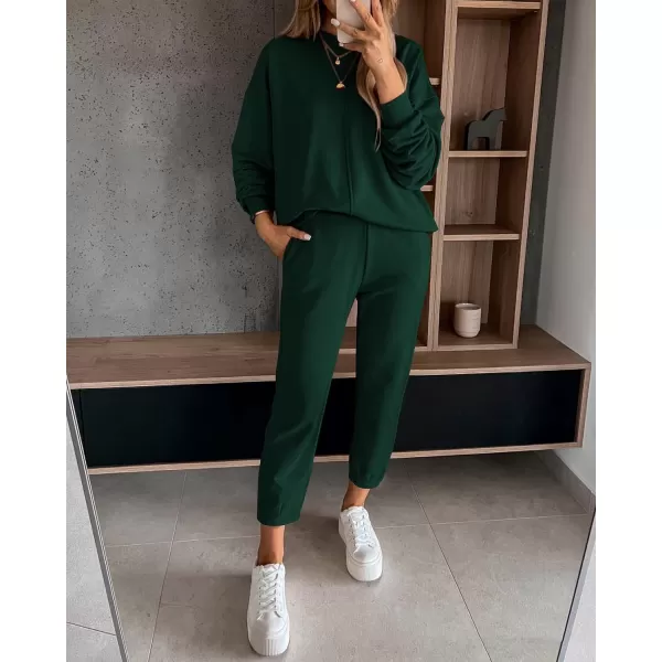 BTFBM 2024 Women 2 Piece Outfits Long Sleeve Pullover Jogger Pants Lounge Sets Fall Winter Sweatsuits Tracksuit PocketsSolid Dark Green