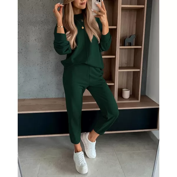 BTFBM 2024 Women 2 Piece Outfits Long Sleeve Pullover Jogger Pants Lounge Sets Fall Winter Sweatsuits Tracksuit PocketsSolid Dark Green