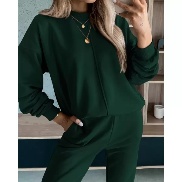 BTFBM 2024 Women 2 Piece Outfits Long Sleeve Pullover Jogger Pants Lounge Sets Fall Winter Sweatsuits Tracksuit PocketsSolid Dark Green