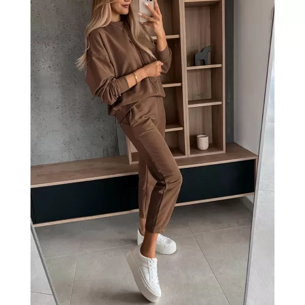 BTFBM 2024 Women 2 Piece Outfits Long Sleeve Pullover Jogger Pants Lounge Sets Fall Winter Sweatsuits Tracksuit PocketsSolid Dark Khaki