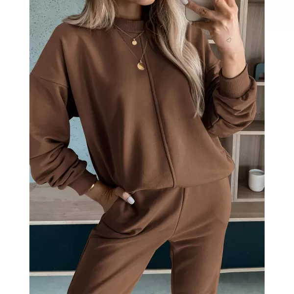 BTFBM 2024 Women 2 Piece Outfits Long Sleeve Pullover Jogger Pants Lounge Sets Fall Winter Sweatsuits Tracksuit PocketsSolid Dark Khaki