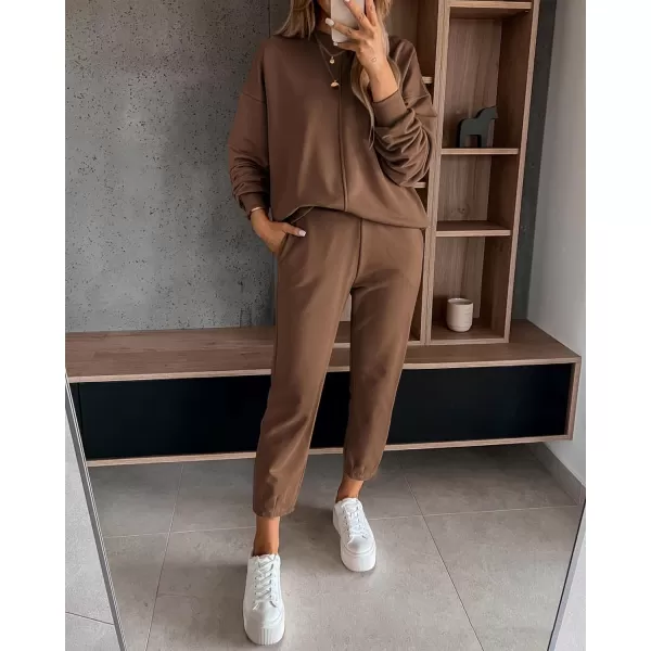BTFBM 2024 Women 2 Piece Outfits Long Sleeve Pullover Jogger Pants Lounge Sets Fall Winter Sweatsuits Tracksuit PocketsSolid Dark Khaki