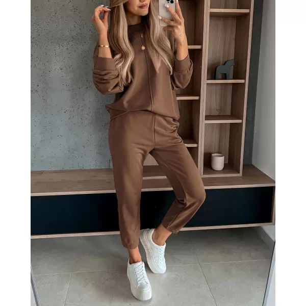 BTFBM 2024 Women 2 Piece Outfits Long Sleeve Pullover Jogger Pants Lounge Sets Fall Winter Sweatsuits Tracksuit PocketsSolid Dark Khaki