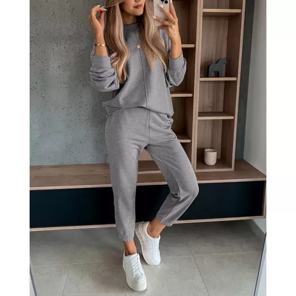 BTFBM 2024 Women 2 Piece Outfits Long Sleeve Pullover Jogger Pants Lounge Sets Fall Winter Sweatsuits Tracksuit PocketsSolid Grey
