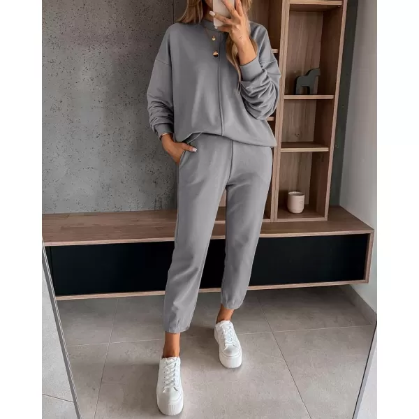 BTFBM 2024 Women 2 Piece Outfits Long Sleeve Pullover Jogger Pants Lounge Sets Fall Winter Sweatsuits Tracksuit PocketsSolid Grey