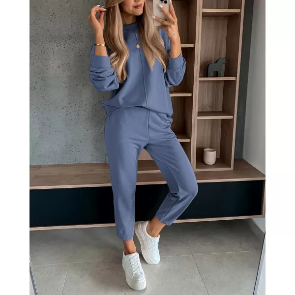 BTFBM 2024 Women 2 Piece Outfits Long Sleeve Pullover Jogger Pants Lounge Sets Fall Winter Sweatsuits Tracksuit PocketsSolid Grey Blue