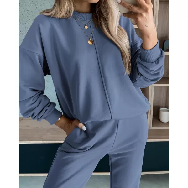 BTFBM 2024 Women 2 Piece Outfits Long Sleeve Pullover Jogger Pants Lounge Sets Fall Winter Sweatsuits Tracksuit PocketsSolid Grey Blue