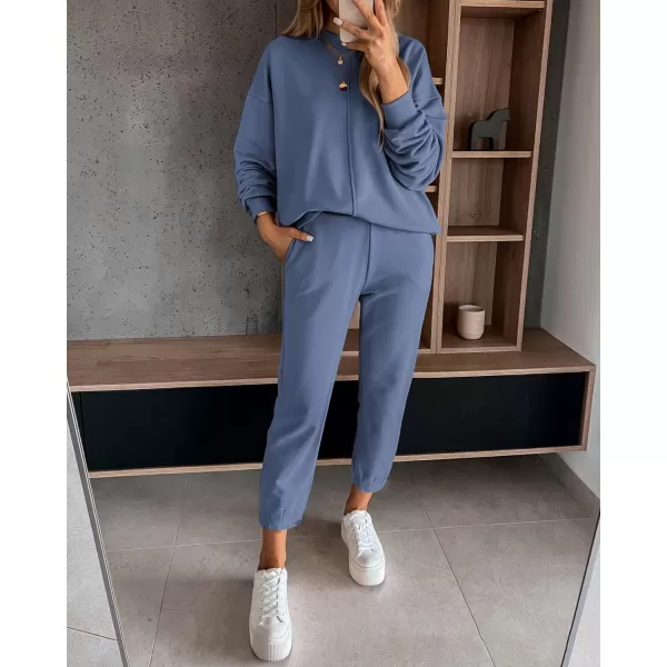 BTFBM 2024 Women 2 Piece Outfits Long Sleeve Pullover Jogger Pants Lounge Sets Fall Winter Sweatsuits Tracksuit PocketsSolid Grey Blue