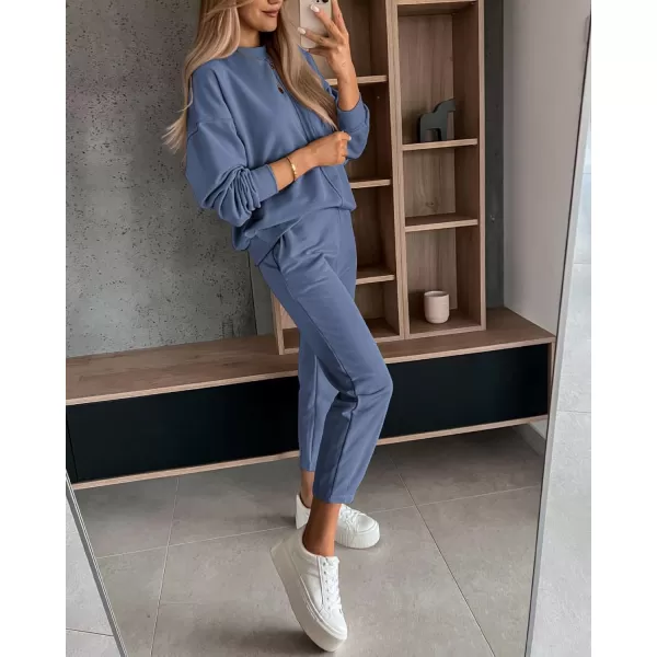 BTFBM 2024 Women 2 Piece Outfits Long Sleeve Pullover Jogger Pants Lounge Sets Fall Winter Sweatsuits Tracksuit PocketsSolid Grey Blue