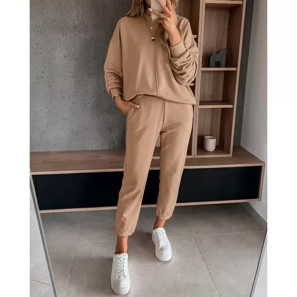 BTFBM 2024 Women 2 Piece Outfits Long Sleeve Pullover Jogger Pants Lounge Sets Fall Winter Sweatsuits Tracksuit PocketsSolid Khaki