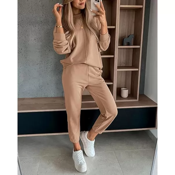 BTFBM 2024 Women 2 Piece Outfits Long Sleeve Pullover Jogger Pants Lounge Sets Fall Winter Sweatsuits Tracksuit PocketsSolid Khaki