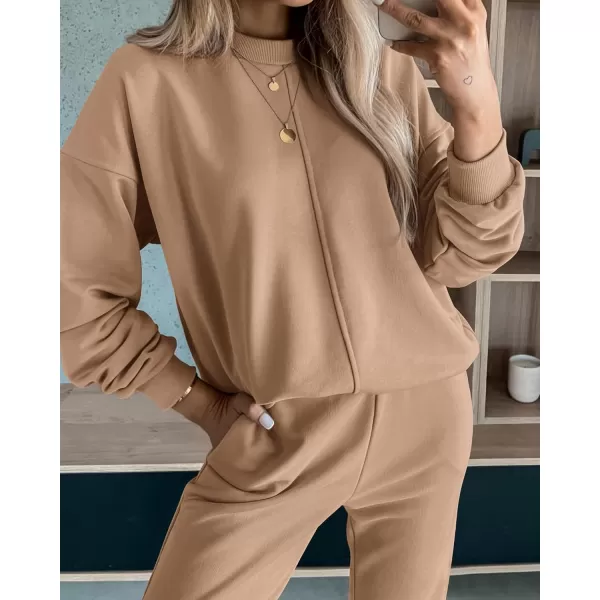 BTFBM 2024 Women 2 Piece Outfits Long Sleeve Pullover Jogger Pants Lounge Sets Fall Winter Sweatsuits Tracksuit PocketsSolid Khaki