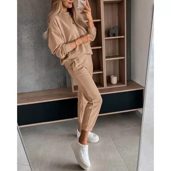 BTFBM 2024 Women 2 Piece Outfits Long Sleeve Pullover Jogger Pants Lounge Sets Fall Winter Sweatsuits Tracksuit PocketsSolid Khaki