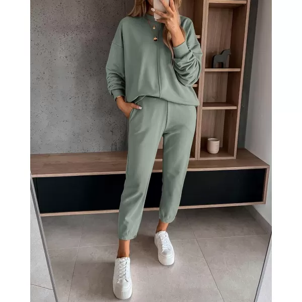 BTFBM 2024 Women 2 Piece Outfits Long Sleeve Pullover Jogger Pants Lounge Sets Fall Winter Sweatsuits Tracksuit PocketsSolid Light Green