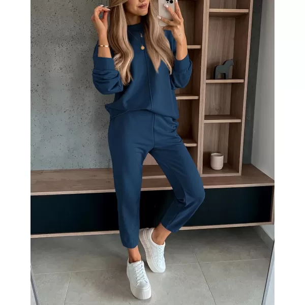 BTFBM 2024 Women 2 Piece Outfits Long Sleeve Pullover Jogger Pants Lounge Sets Fall Winter Sweatsuits Tracksuit PocketsSolid Navy