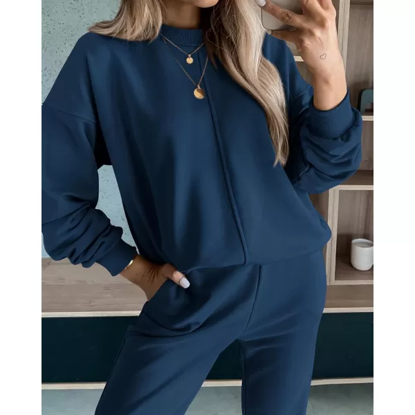 BTFBM 2024 Women 2 Piece Outfits Long Sleeve Pullover Jogger Pants Lounge Sets Fall Winter Sweatsuits Tracksuit PocketsSolid Navy