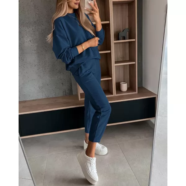 BTFBM 2024 Women 2 Piece Outfits Long Sleeve Pullover Jogger Pants Lounge Sets Fall Winter Sweatsuits Tracksuit PocketsSolid Navy