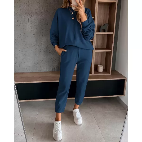 BTFBM 2024 Women 2 Piece Outfits Long Sleeve Pullover Jogger Pants Lounge Sets Fall Winter Sweatsuits Tracksuit PocketsSolid Navy