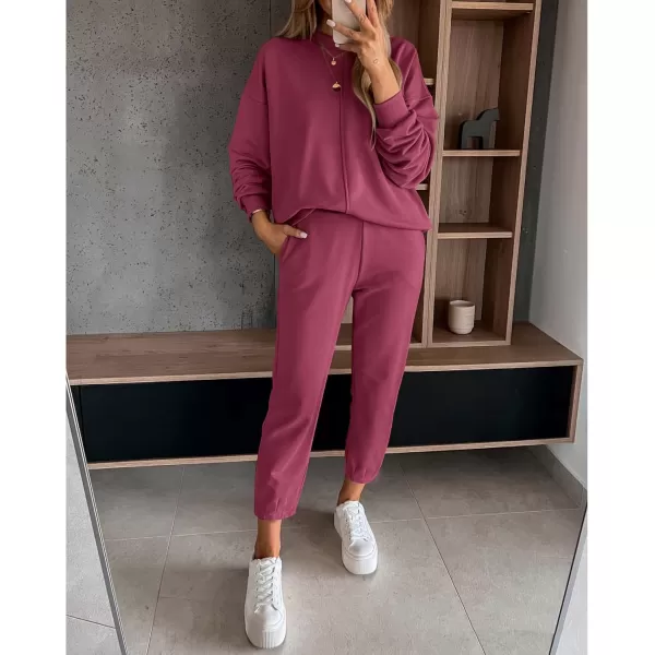 BTFBM 2024 Women 2 Piece Outfits Long Sleeve Pullover Jogger Pants Lounge Sets Fall Winter Sweatsuits Tracksuit PocketsSolid Peach Red
