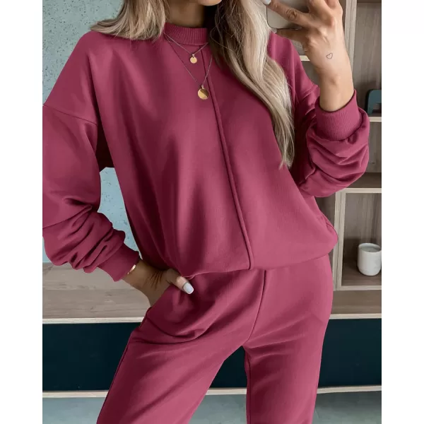 BTFBM 2024 Women 2 Piece Outfits Long Sleeve Pullover Jogger Pants Lounge Sets Fall Winter Sweatsuits Tracksuit PocketsSolid Peach Red