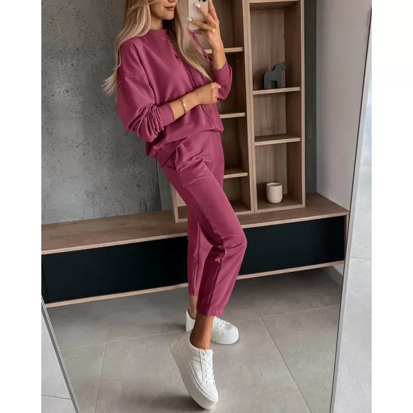 BTFBM 2024 Women 2 Piece Outfits Long Sleeve Pullover Jogger Pants Lounge Sets Fall Winter Sweatsuits Tracksuit PocketsSolid Peach Red