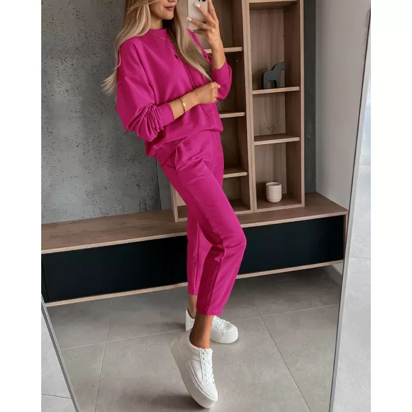 BTFBM 2024 Women 2 Piece Outfits Long Sleeve Pullover Jogger Pants Lounge Sets Fall Winter Sweatsuits Tracksuit PocketsSolid Rose Red