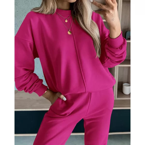 BTFBM 2024 Women 2 Piece Outfits Long Sleeve Pullover Jogger Pants Lounge Sets Fall Winter Sweatsuits Tracksuit PocketsSolid Rose Red