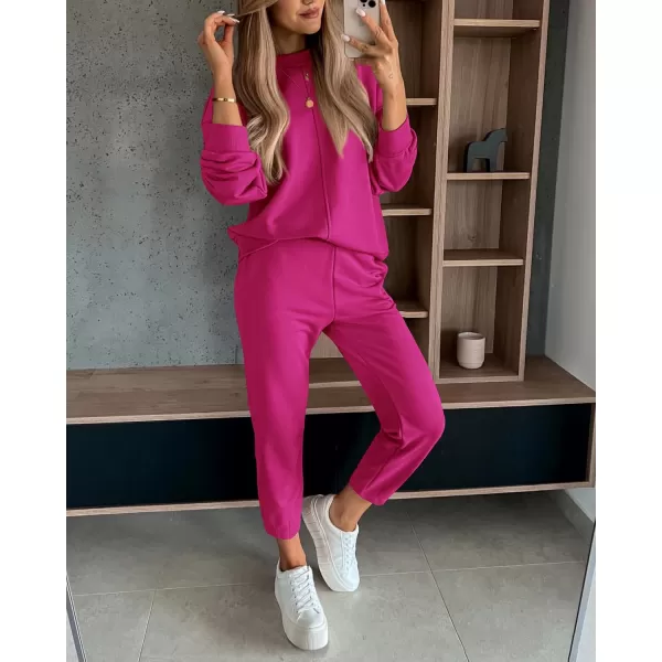 BTFBM 2024 Women 2 Piece Outfits Long Sleeve Pullover Jogger Pants Lounge Sets Fall Winter Sweatsuits Tracksuit PocketsSolid Rose Red