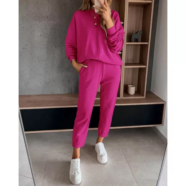BTFBM 2024 Women 2 Piece Outfits Long Sleeve Pullover Jogger Pants Lounge Sets Fall Winter Sweatsuits Tracksuit PocketsSolid Rose Red