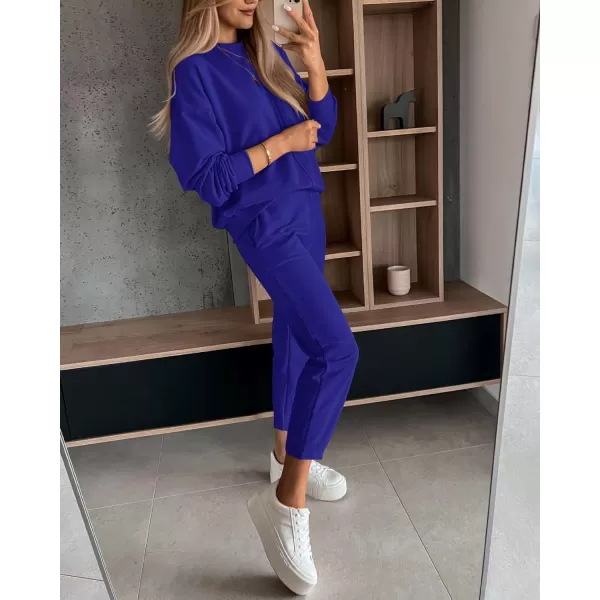 BTFBM 2024 Women 2 Piece Outfits Long Sleeve Pullover Jogger Pants Lounge Sets Fall Winter Sweatsuits Tracksuit PocketsSolid Royal Blue