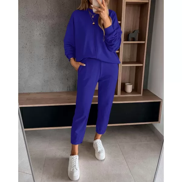 BTFBM 2024 Women 2 Piece Outfits Long Sleeve Pullover Jogger Pants Lounge Sets Fall Winter Sweatsuits Tracksuit PocketsSolid Royal Blue