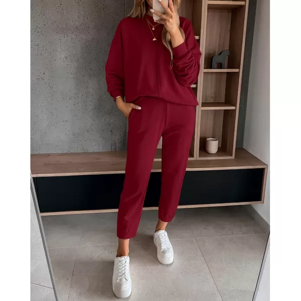 BTFBM 2024 Women 2 Piece Outfits Long Sleeve Pullover Jogger Pants Lounge Sets Fall Winter Sweatsuits Tracksuit PocketsSolid Wine Red