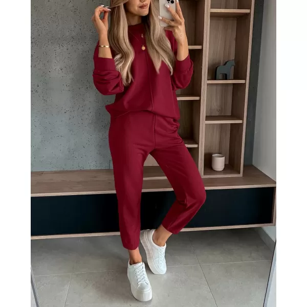 BTFBM 2024 Women 2 Piece Outfits Long Sleeve Pullover Jogger Pants Lounge Sets Fall Winter Sweatsuits Tracksuit PocketsSolid Wine Red