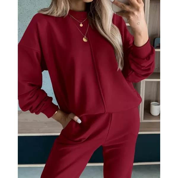 BTFBM 2024 Women 2 Piece Outfits Long Sleeve Pullover Jogger Pants Lounge Sets Fall Winter Sweatsuits Tracksuit PocketsSolid Wine Red