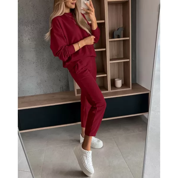 BTFBM 2024 Women 2 Piece Outfits Long Sleeve Pullover Jogger Pants Lounge Sets Fall Winter Sweatsuits Tracksuit PocketsSolid Wine Red