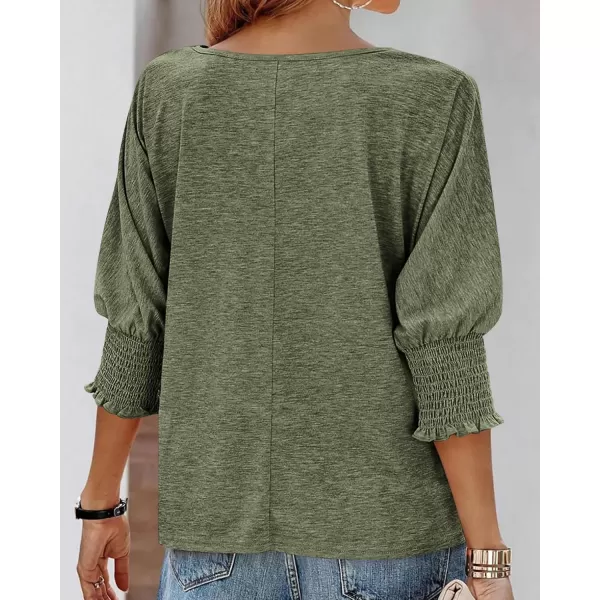 BTFBM Casual Tops for Women Dressy 2024 Summer Fall T Shirts 34 Puff Sleeve Crewneck Loose Babydoll BlousesSolid Army Green